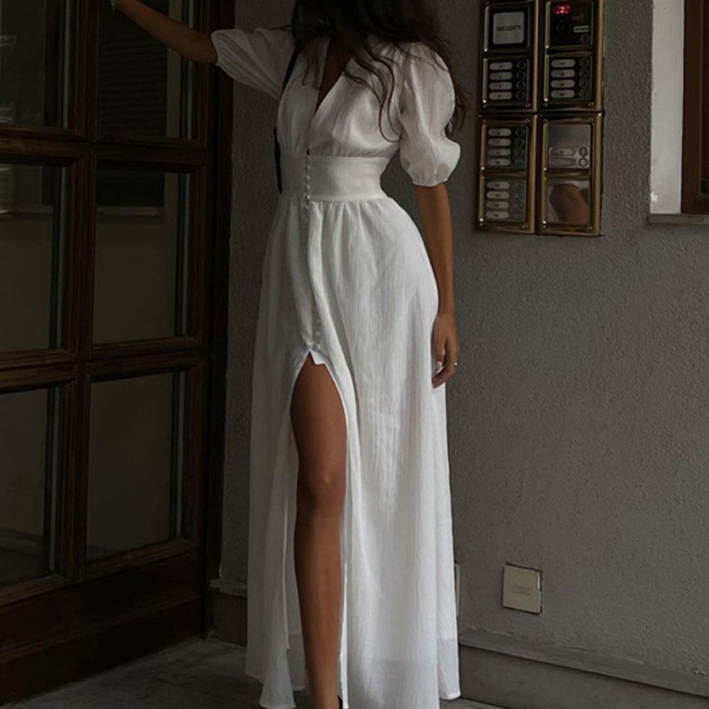 Elegant White Maxi Dress button front M - Picture 3 of 5